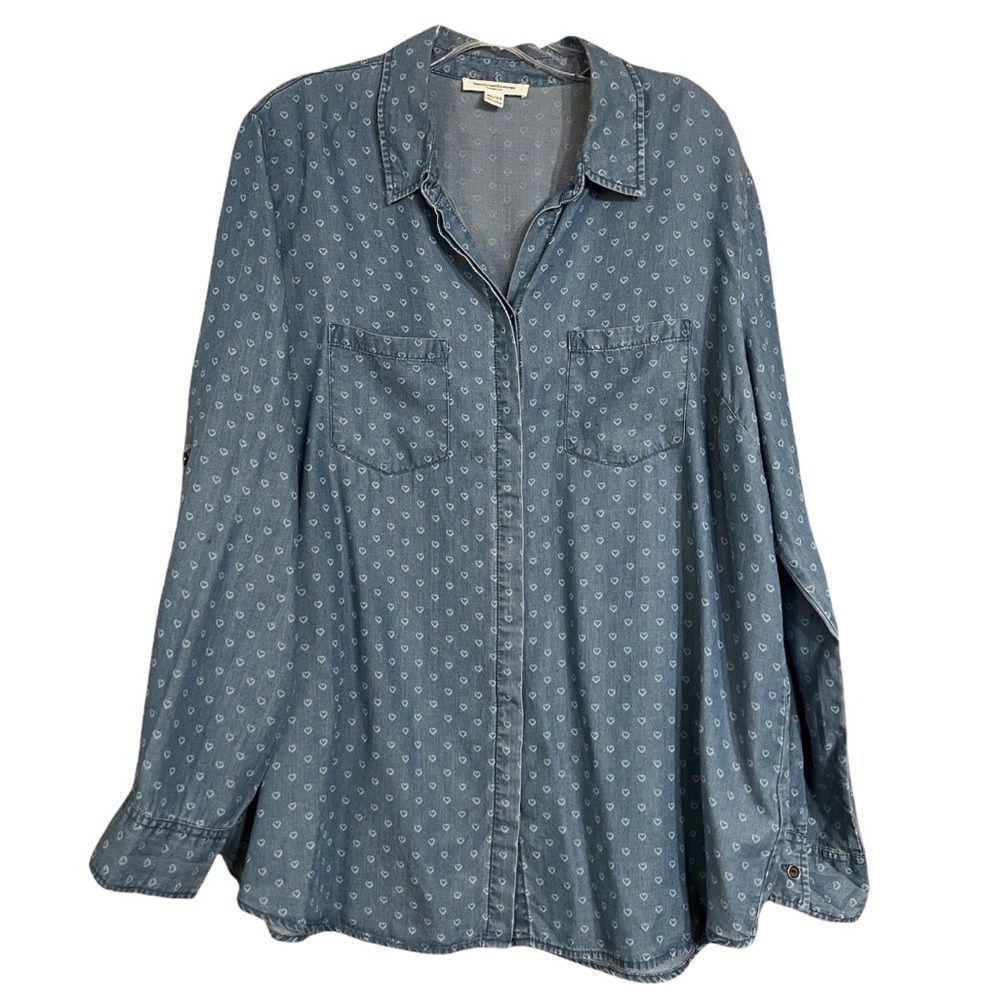 Beachlunchlounge Chambray Heart Pattern Long Sleeve Button Up Sz XL